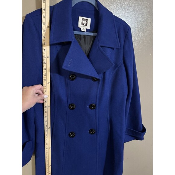 Anne Klein Blue Wool Blend Peacoat Size Large | Double Breasted Flared Hem Coat - Picture 2 of 7